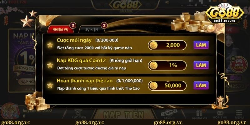 Khuyến mãi tại cổng game GO88: Cơ hội vàng không thể bỏ qua 2 Ưu đãi khi hoàn thành các nhiệm vụ hàng ngày tại GO88